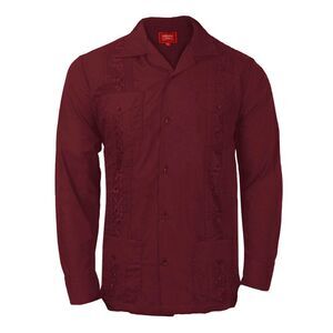 Men's Long Sleeve Guayabera Cuban Beach Wedding Button-Up Dress Shirt Burgundy